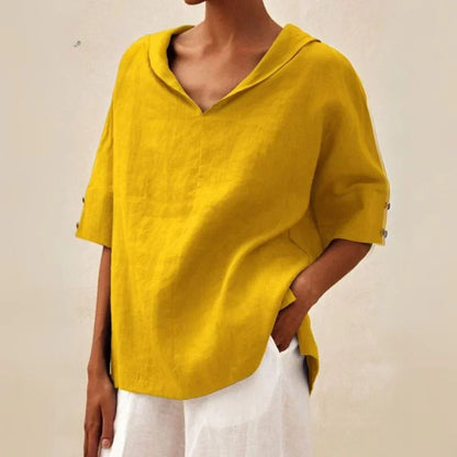 Momount Women Linen Shirt – V Neck Lapel Collar Oversized Summer