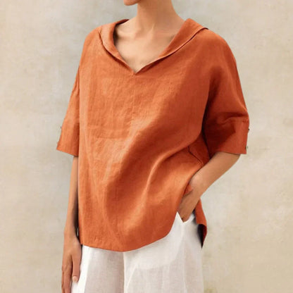 Momount Women Linen Shirt – V Neck Lapel Collar Oversized Summer