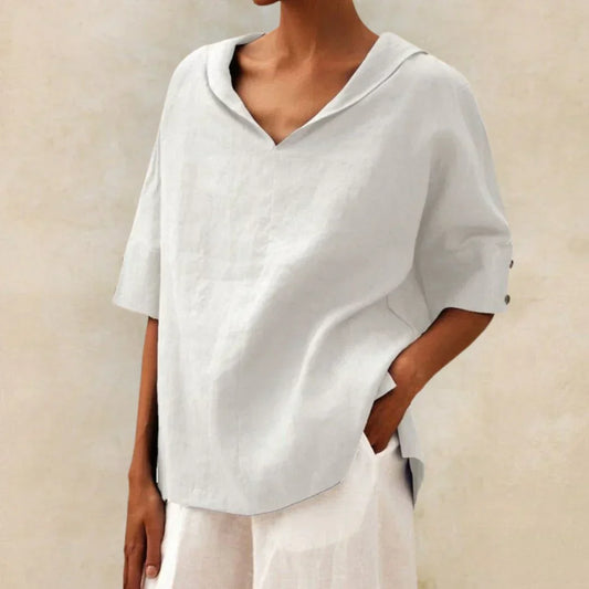 Momount Women Linen Shirt – V Neck Lapel Collar Oversized Summer
