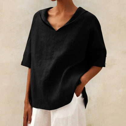 Momount Women Linen Shirt – V Neck Lapel Collar Oversized Summer