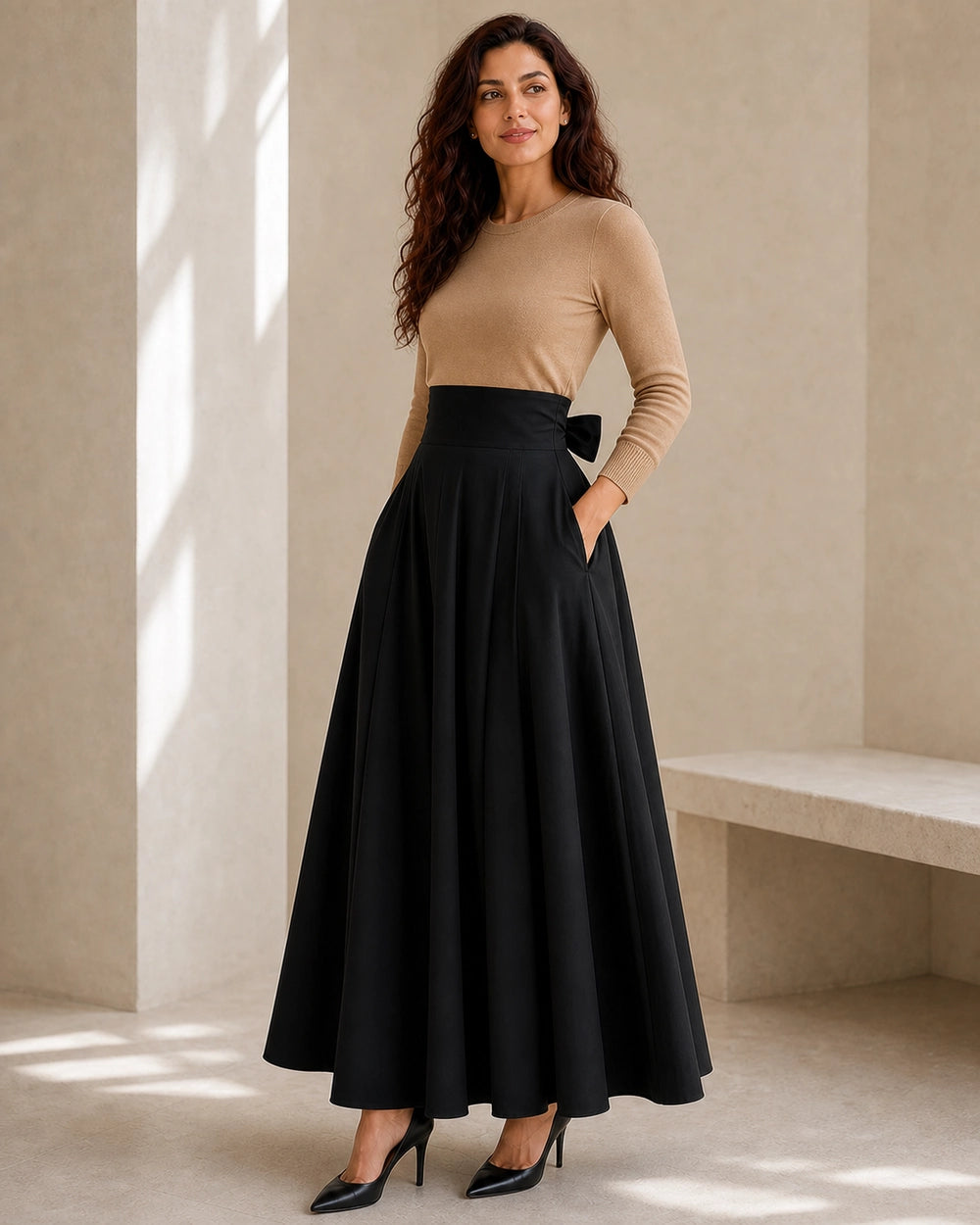 Women's High-Waist Bow Midi Skirt with Pockets — image 7 — gonna-midi-elegante-ideale-per-autunno-e-primavera-black-07-second-styling.webp