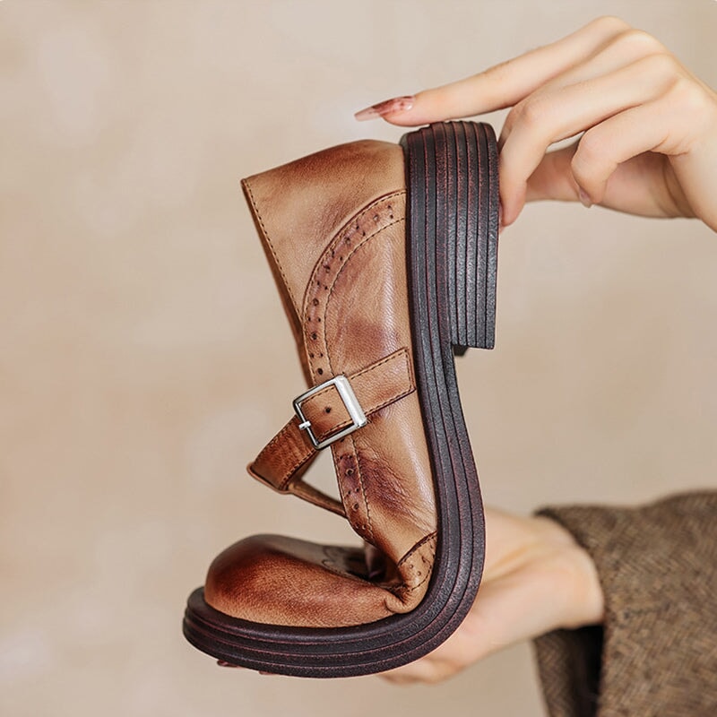 Calista | Vintage Brown Oxford Mary Jane Platform Shoes