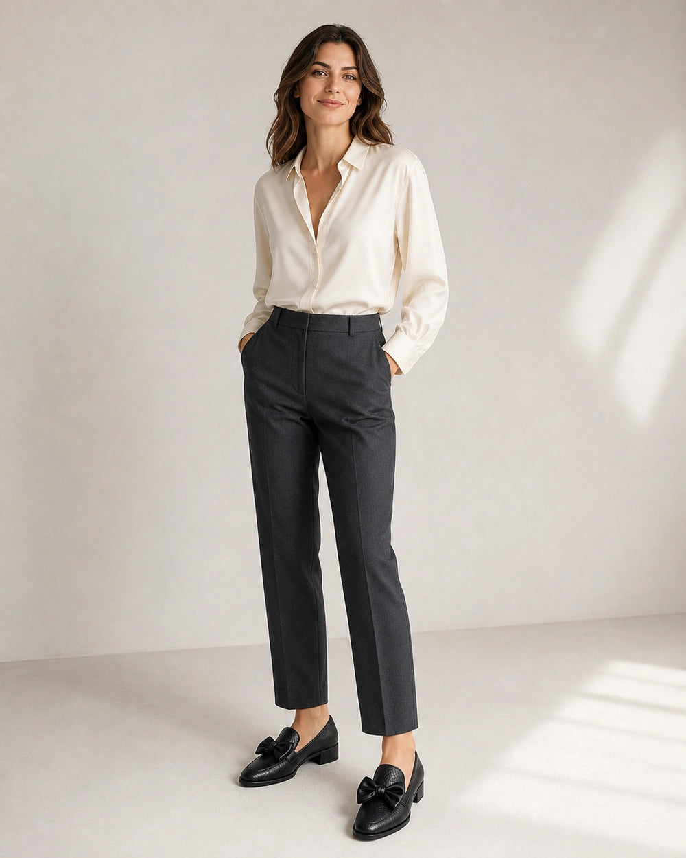 Women's Black Bow Loafers with Low Heel — worn by a model