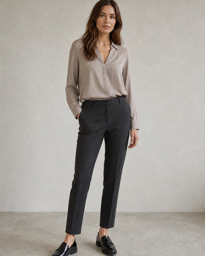 Women's Black Patent Loafers with Buckle Strap — worn by a model