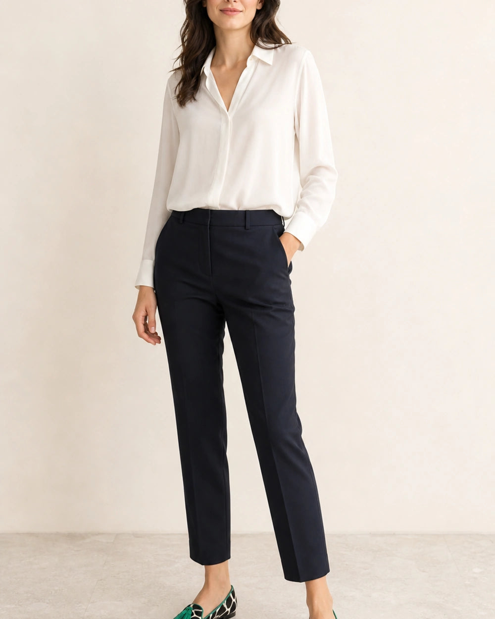 Women's Pointed Cow-Print Tassel Loafers — worn by a model