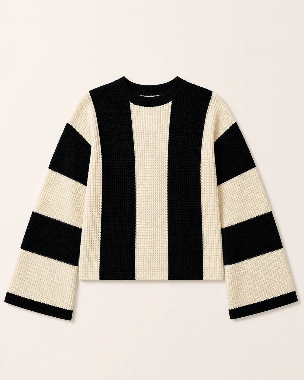 Women's beige black-and-cream color-block sweater, product-only flat lay