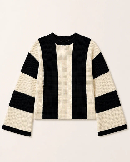 Women's beige black-and-cream color-block sweater, product-only flat lay