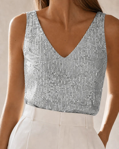 Women's gray sequin V-neck tank top in a front three-quarter view — momount-martha-sequin-top-gray-10-variant.webp