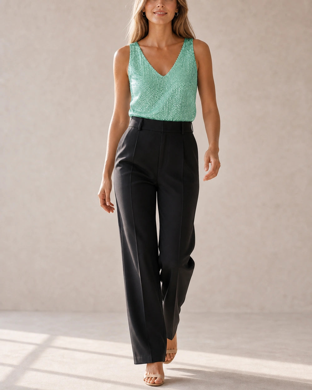 Women's green sequin V-neck tank top shown in a natural front movement pose — momount-martha-sequin-top-green-06-movement.webp