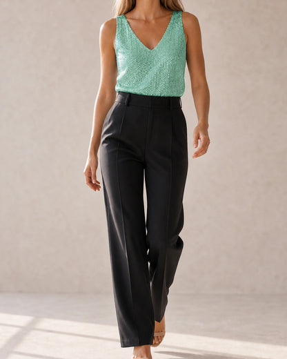 Women's green sequin V-neck tank top in a second front styling view — momount-martha-sequin-top-green-07-second-styling.webp