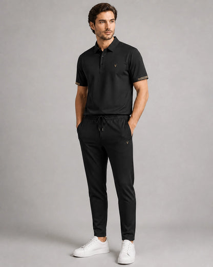 Black men's polo and trousers set worn, color view.