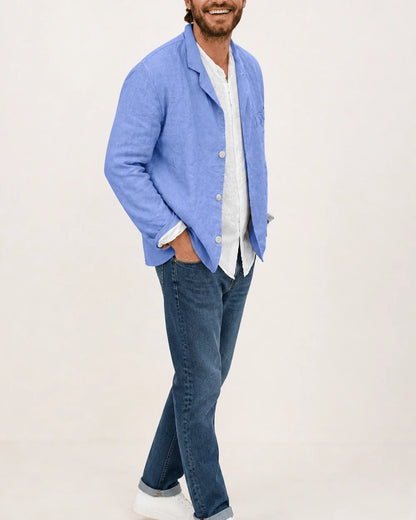 Men's casual cotton-linen three-button blazer – 03 blue three quarter