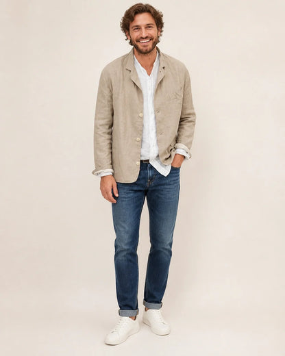 Men's casual cotton-linen three-button blazer – 12 khaki hero