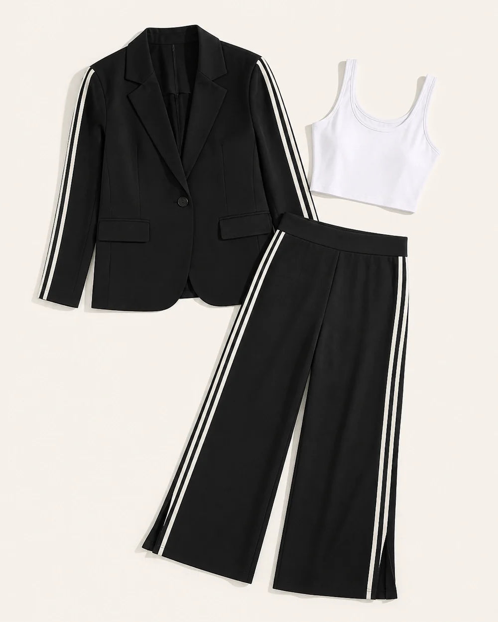 Women's striped relaxed blazer and wide-leg trousers set – 08 black flatlay