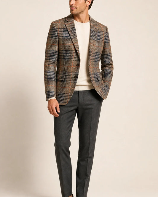 Brown plaid blazer for men, worn full-length front hero view.