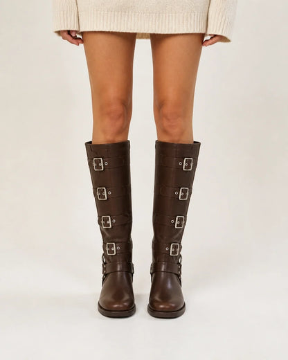 Brown knee-high multi-buckle biker boots front view