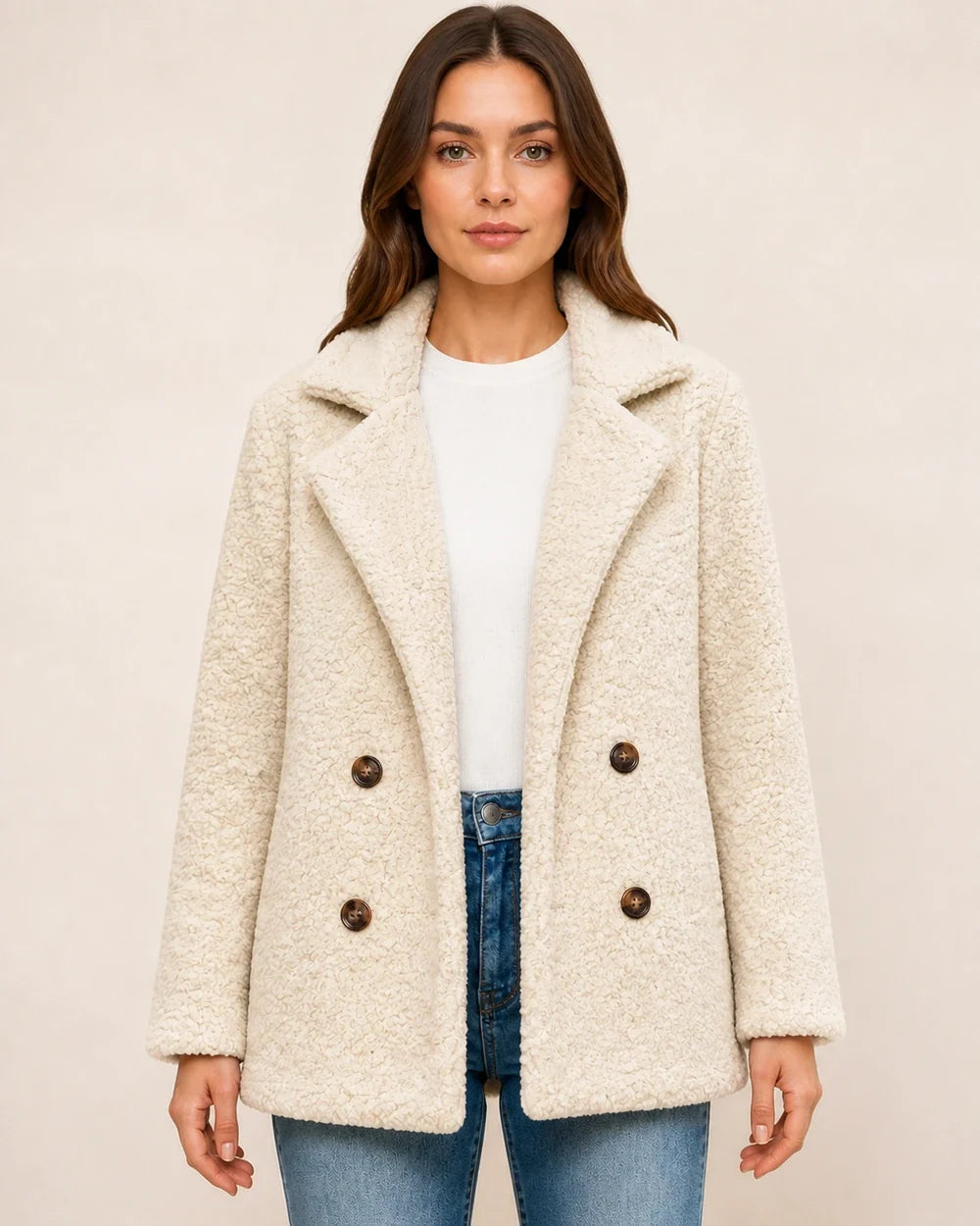 Cream White double-breasted teddy coat, straight front view.