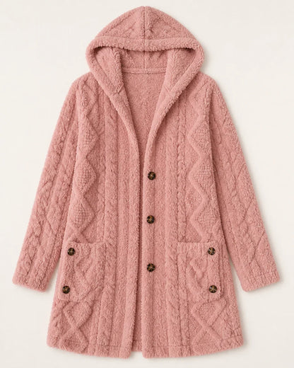 Women's long hooded cable-texture cardigan, pink flatlay