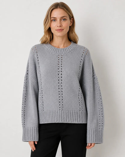 Grey oversized open-knit sweater for women, front view