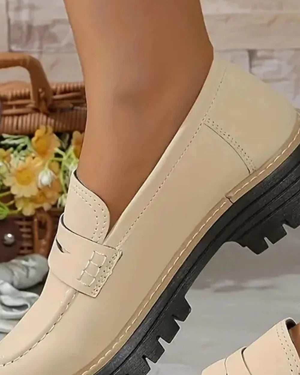Momount Women Platform Loafers – Lug Sole Penny Strap Slip-On Round Toe — momount-women-platform-loafers-lug-sole-penny-strap-beige-05-strap-detail.webp