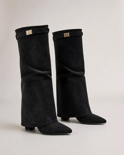 Momount Women Wide-Bell Suede Pointed Boots – Black product only