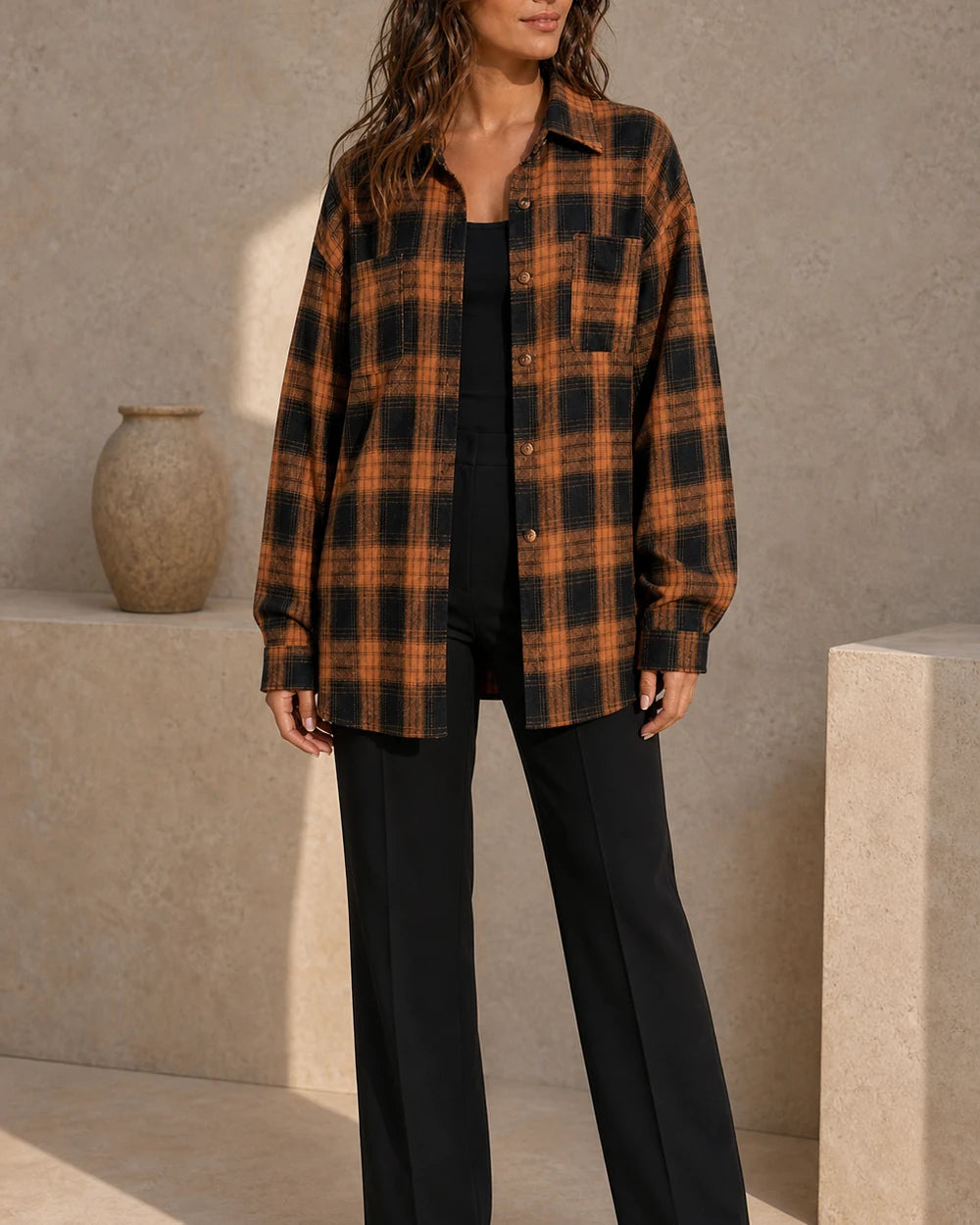 Women's caramel and black oversized plaid shirt, second styled front view. — momount-womens-oversized-plaid-shirt-caramel-07-second-styling.webp