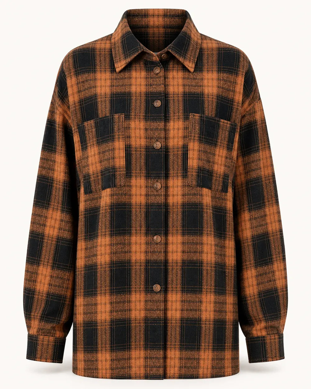 Women's caramel and black oversized plaid shirt, clean front product view. — momount-womens-oversized-plaid-shirt-caramel-08-reassurance.webp