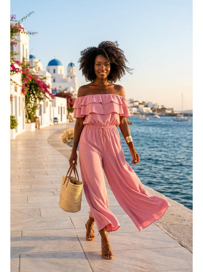 Pink off-shoulder ruffle jumpsuit - Lifestyle