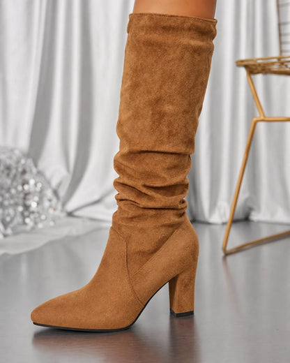 Women's camel slouchy suede-effect knee-high boot, suede and heel detail.