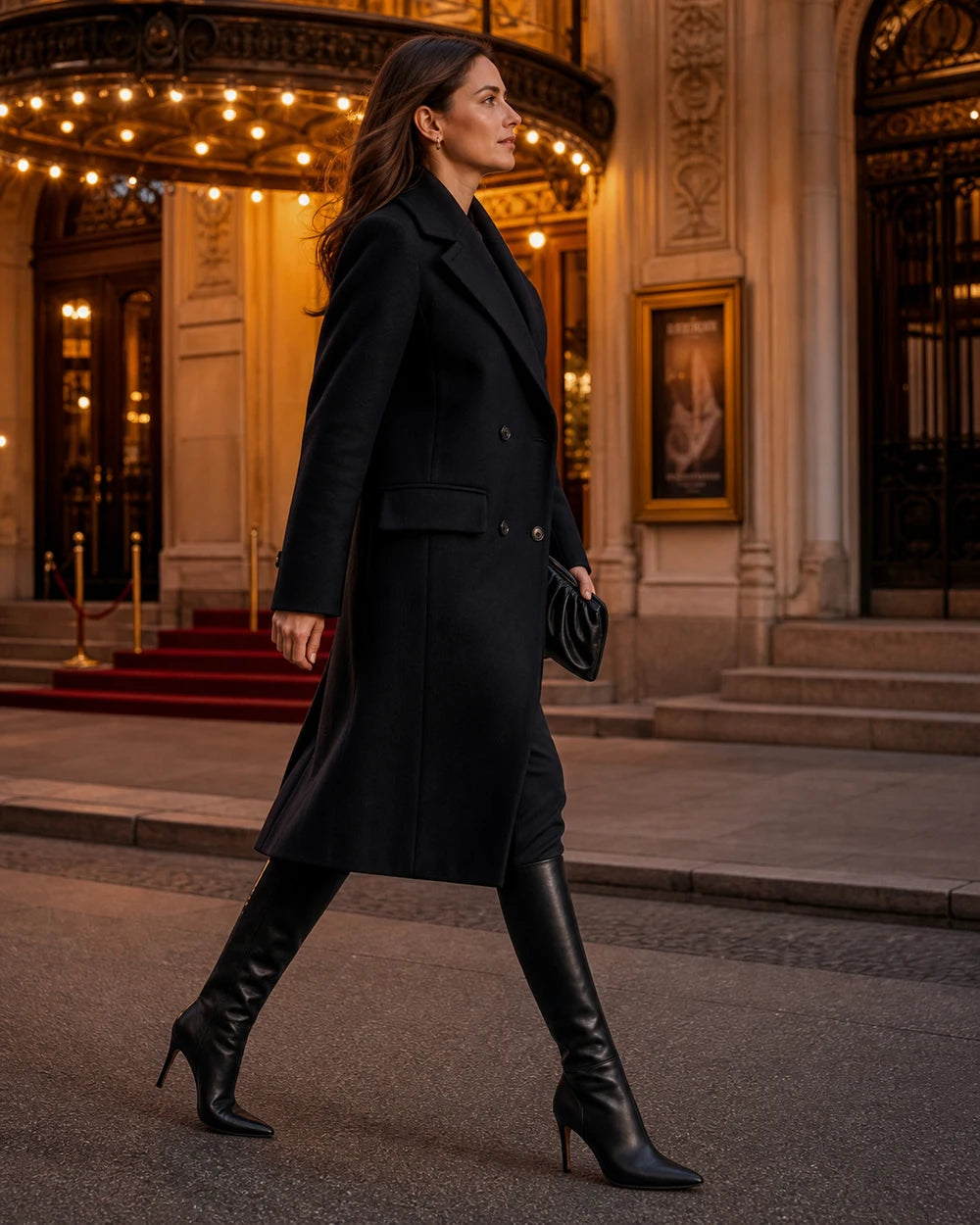 Women's black pointed-toe stiletto knee-high boots, refined evening view.