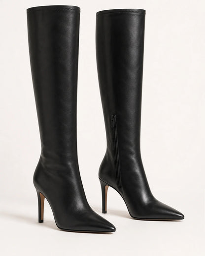 Women's black pointed-toe stiletto knee-high boots, product-only pair.