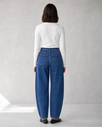 Women's high-rise barrel jeans in Medium blue, back view. — womens-barrel-jeans-medium-blue-04-back.webp