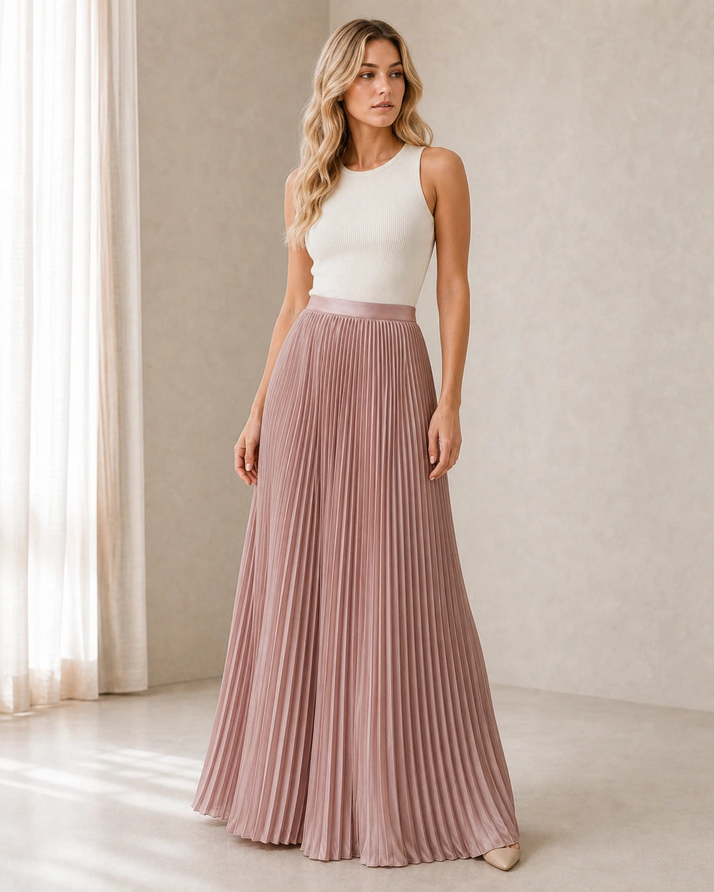 Women's Pleated Flowing Maxi Skirt — image 3 — womens-pleated-maxi-skirt-pink-03-full-body.webp