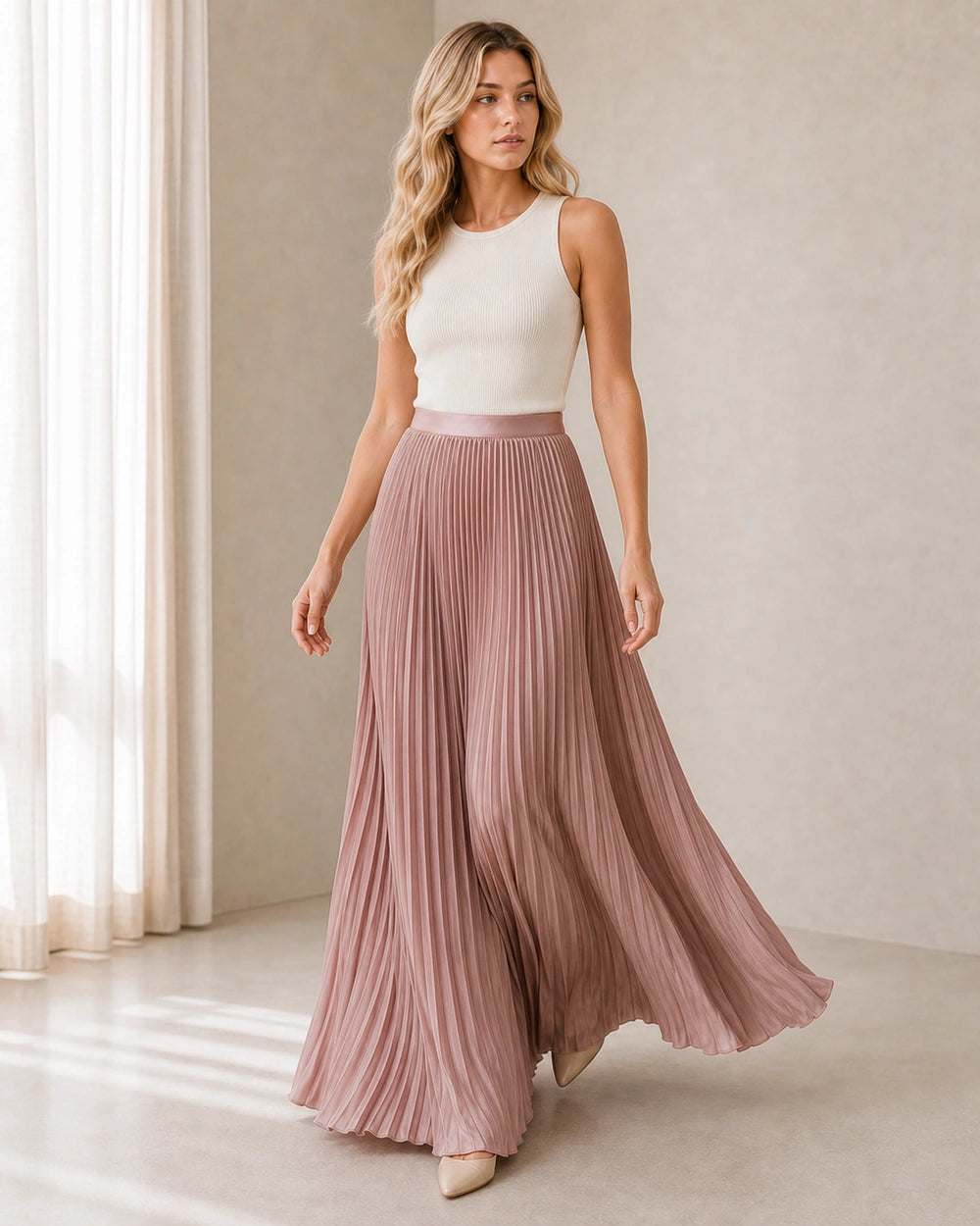 Women's Pleated Flowing Maxi Skirt — image 6 — womens-pleated-maxi-skirt-pink-06-movement.webp